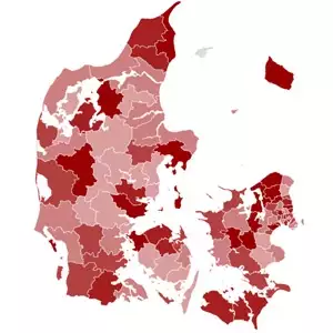 Danmarkskort over omgjorte afgørelser på voksenhandicapområdet 2018