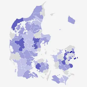 Danmarkskort over andelen af voksne med psykiske vanskeligheder eller sociale problemer, som er i uddannelse eller beskæftigelse